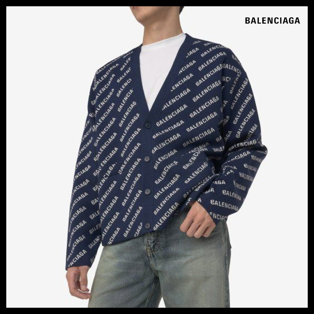 【BALENCIAGA】All-Over Logo Cotton Cardigan Blue