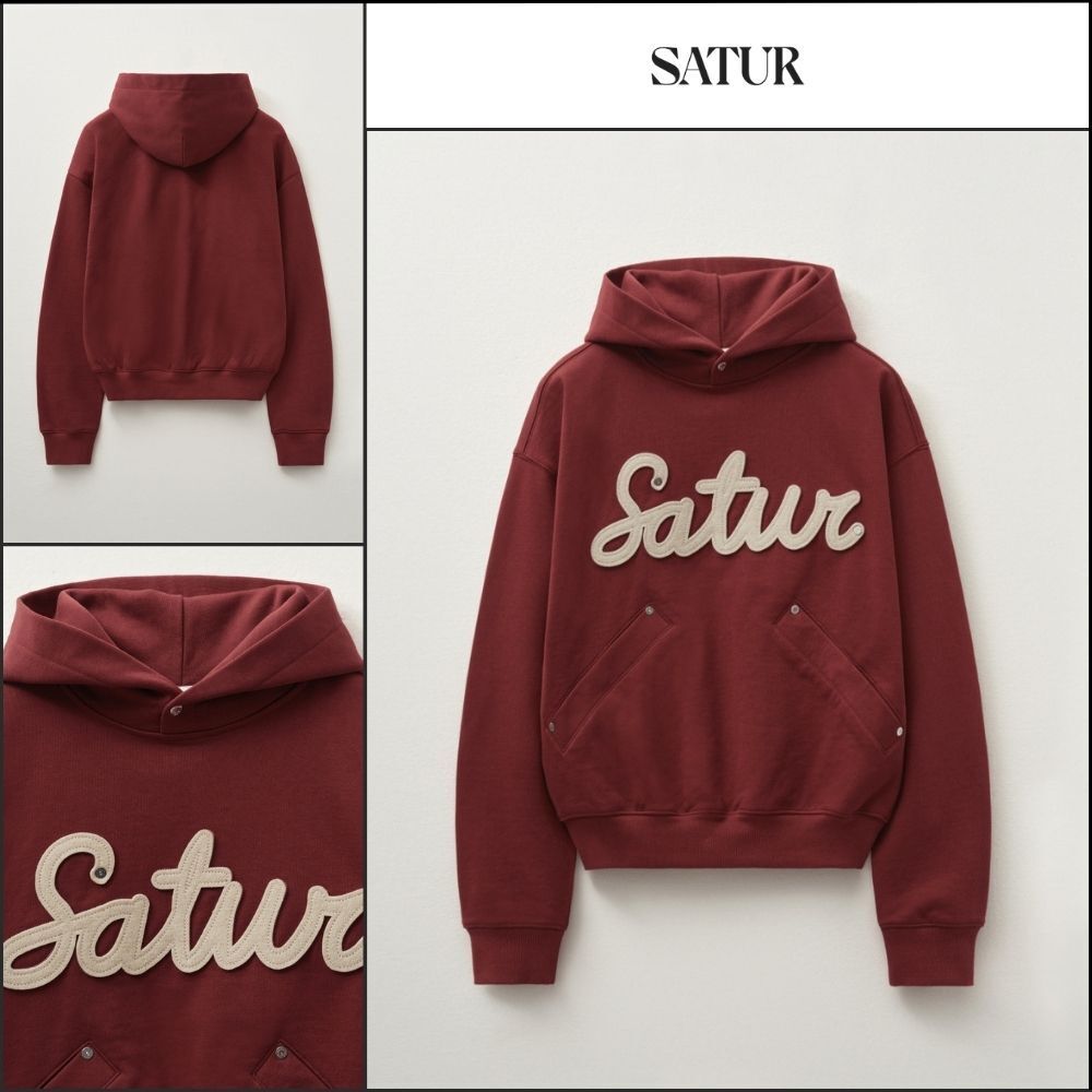 【SATUR】Applique Rivet Hoodie Burgundy