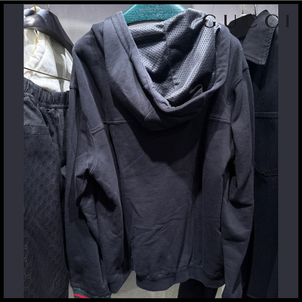 【GUCCI】Web Pocket Felted Cotton Jersey Hooded Jacket Black