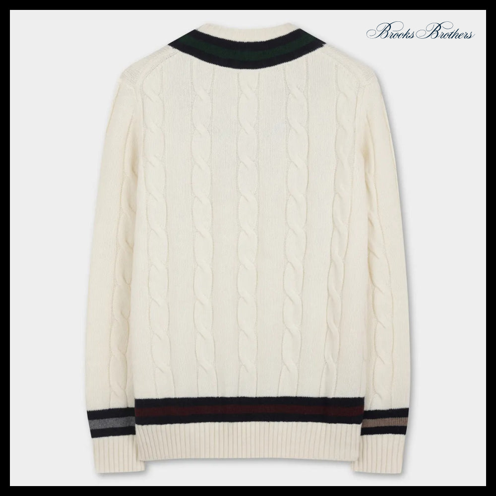 【Brooks Brothers】Wool Tennis Cable V-Neck Sweater Ivory