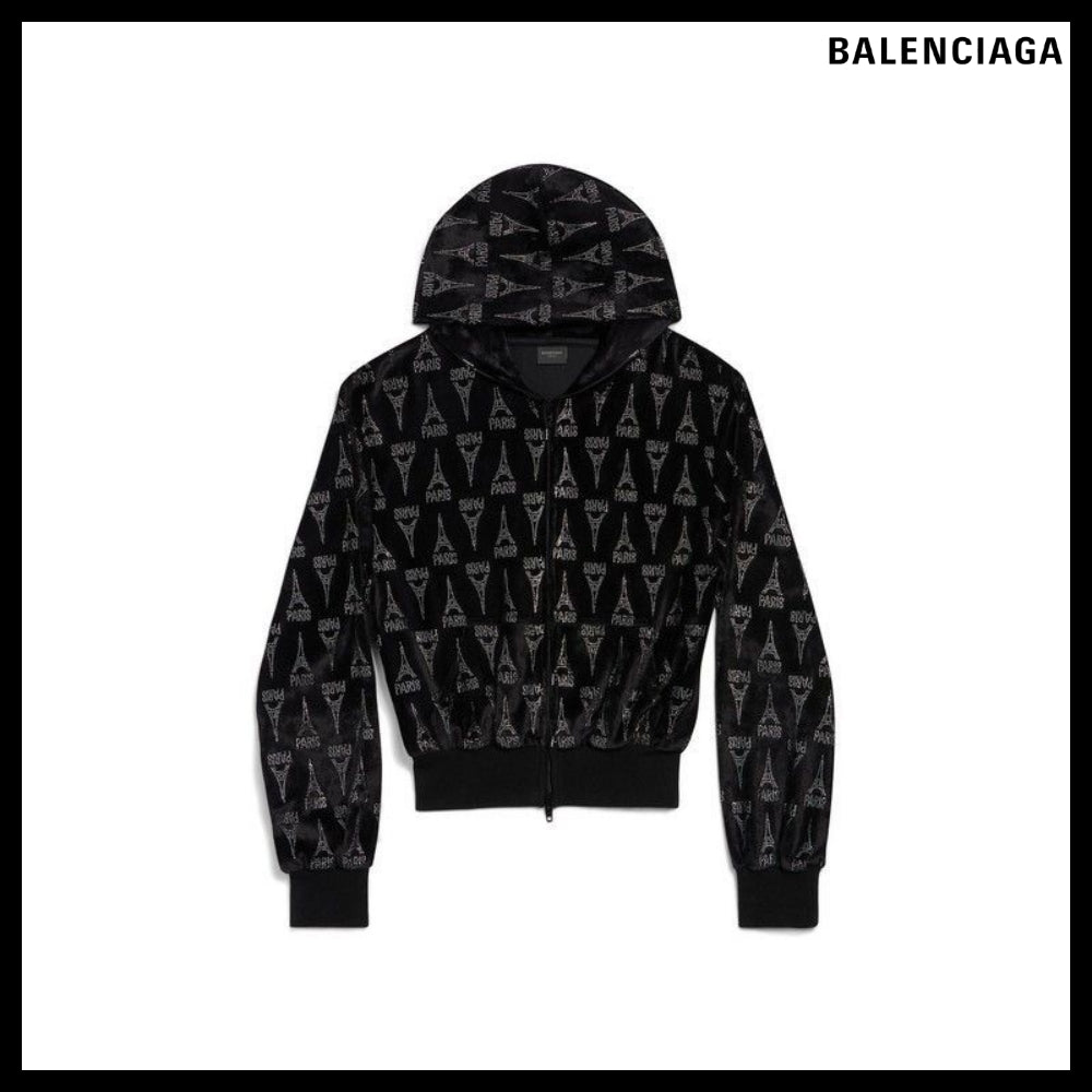 【BALENCIAGA】Paris Shrunk Zip-Up Hoodie Black