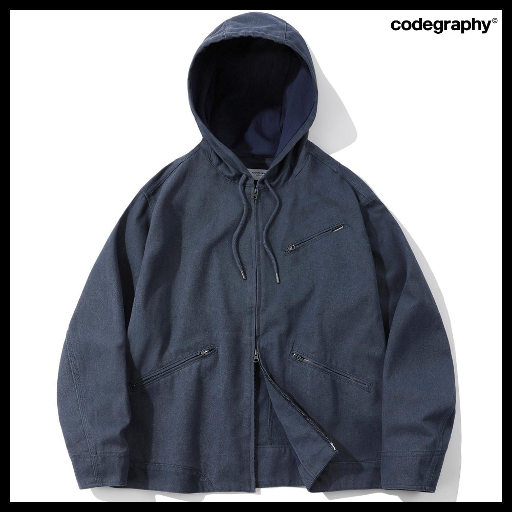 【codegraphy】Vintage Washed Cotton Hood Work Jacket Blue