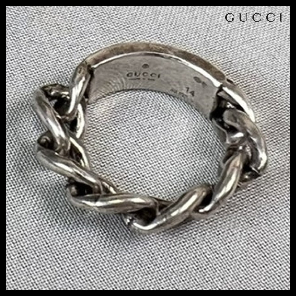 【GUCCI】Logo Enamel Sterling Silver Chain Ring Howlite