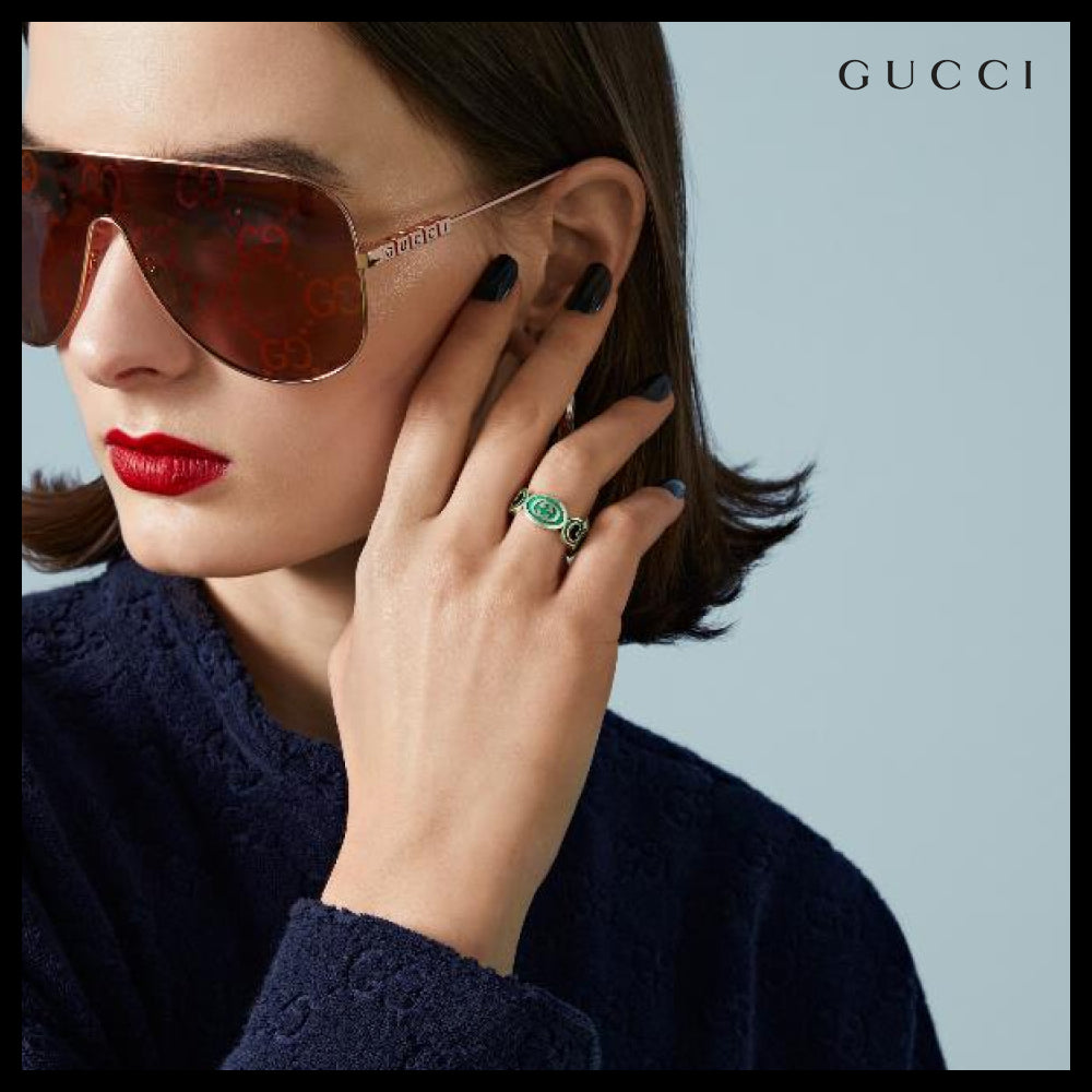 【GUCCI】Interlocking Enamel Silver Ring Green