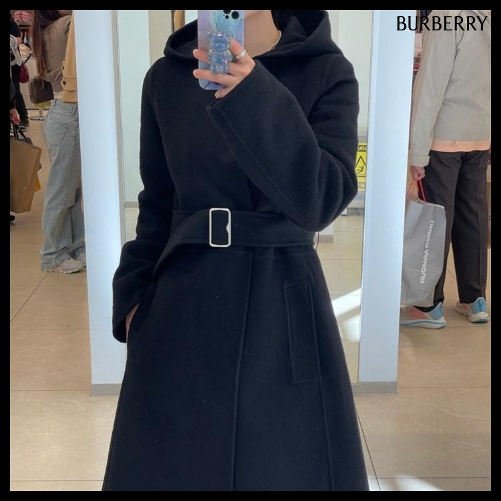 【Burberry】Women's Belted Wool Cashmere Hooded Coat Black