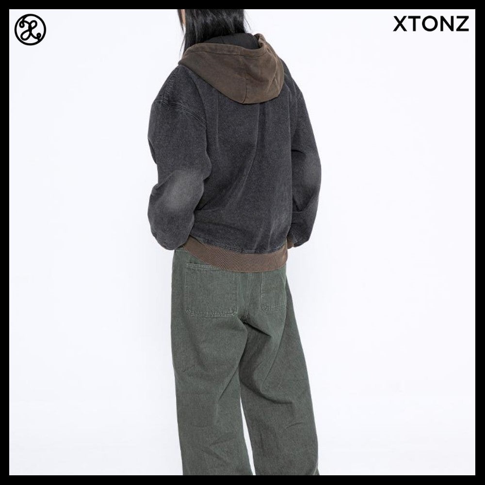 【XTONZ】VINTAGE WASHING STAR DENIM HOODED ZIP-UP 2COLORS