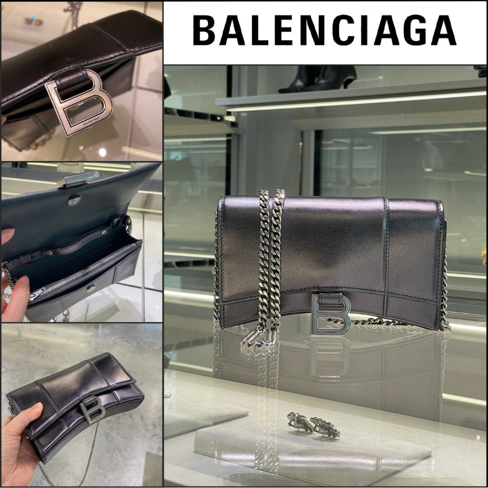 【BALENCIAGA 】Hourglass Metallic Calf Wallet Chain