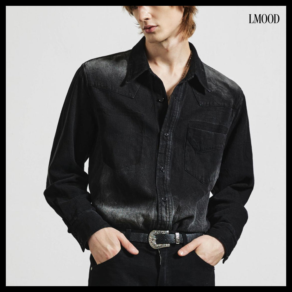 【LMOOD】Fog Denim Shirt Crack Black