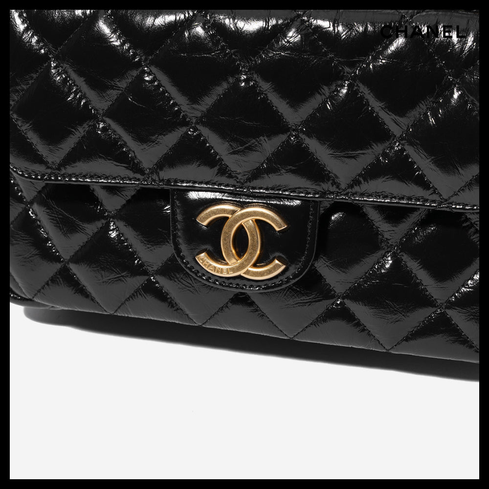 【CHANEL】Hobo Handbag Shiny Crumpled Calfskin & Gold Black