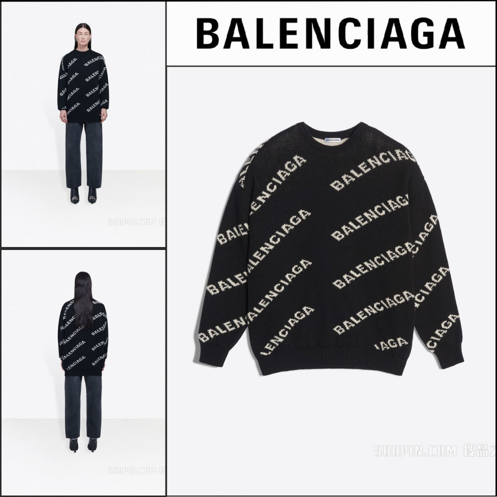 【BALENCIAGA】Jacquard Logo Crewneck Black White