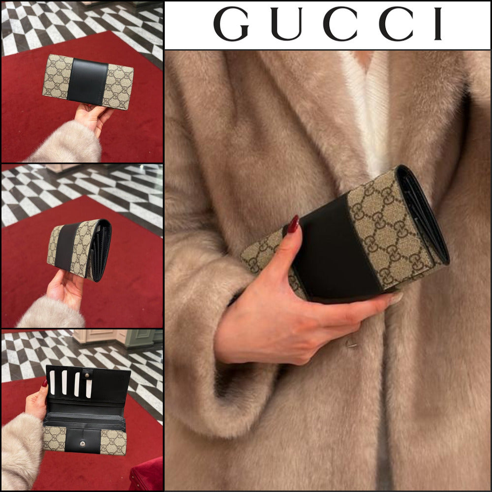 【GUCCI】Supreme Canvas Leather Flap Long Wallet BEIGE BLACK