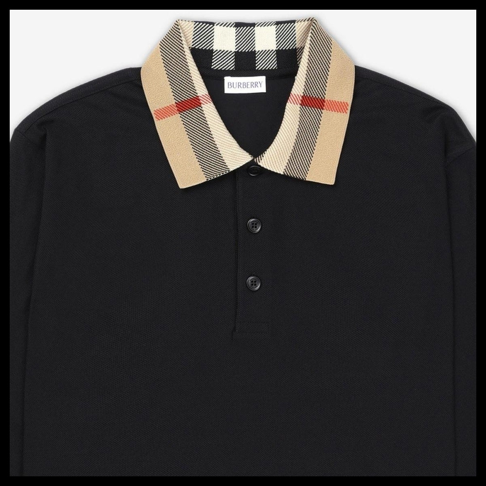 【Burberry】Check Collar Long Sleeve T Shirt Black