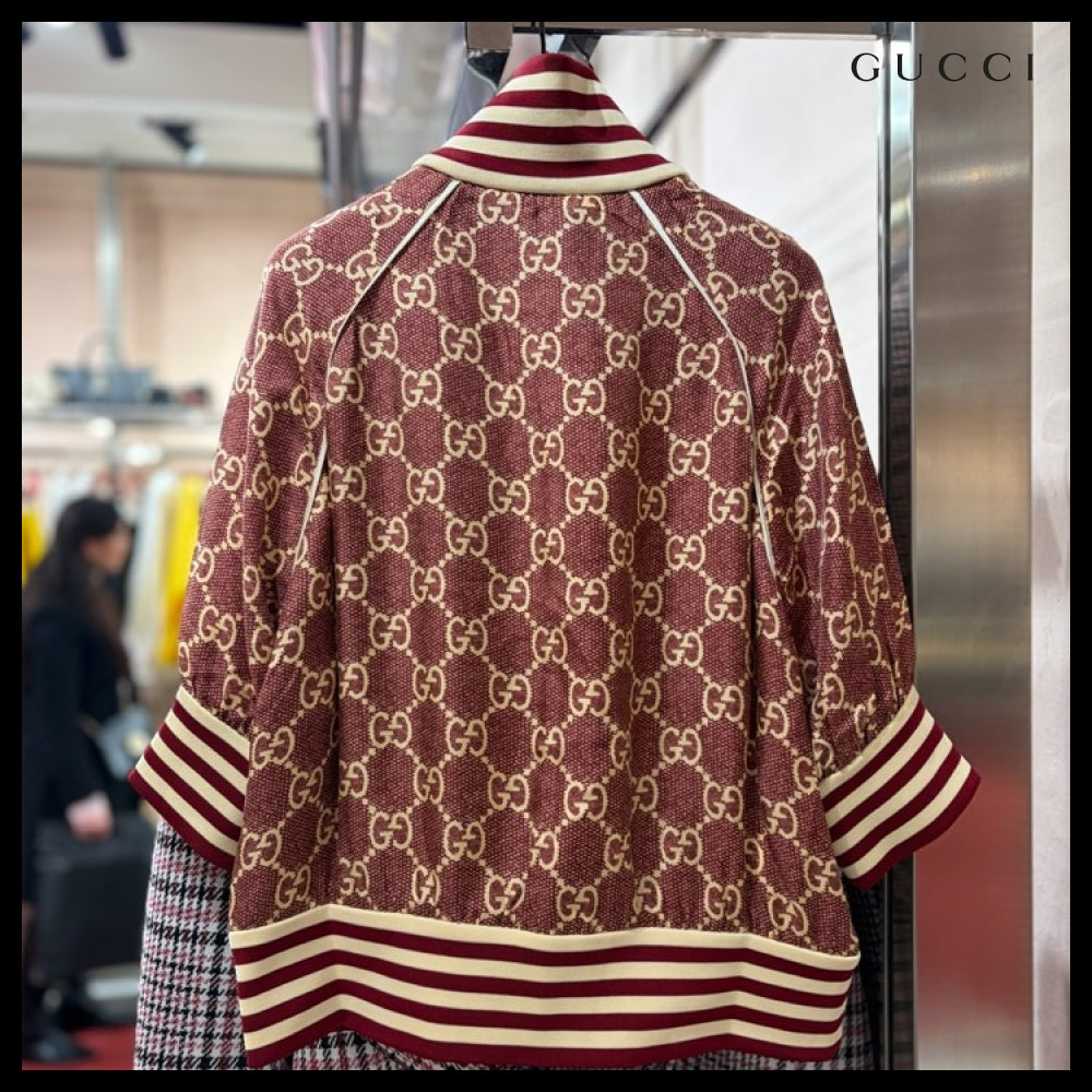 【GUCCI】GG Supreme Print Silk Zip-Up Jacket Sweet Berries