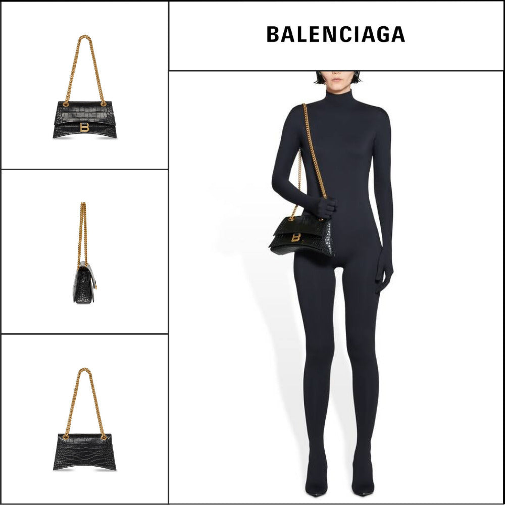 【BALENCIAGA】Crush Small Chain Bag Crocodile Embossed Black