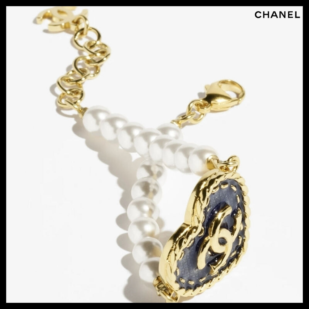 【CHANEL】Bracelet Metal Glass Pearl Gold Blue Pearly White