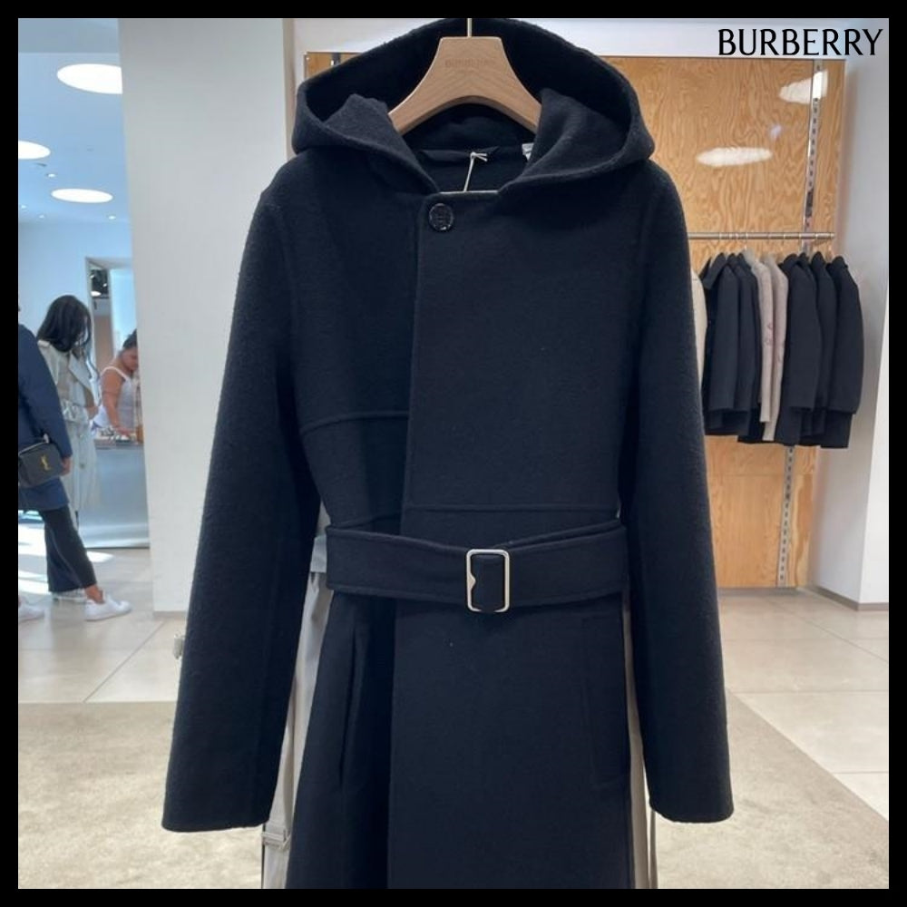 【Burberry】Women's Belted Wool Cashmere Hooded Coat Black