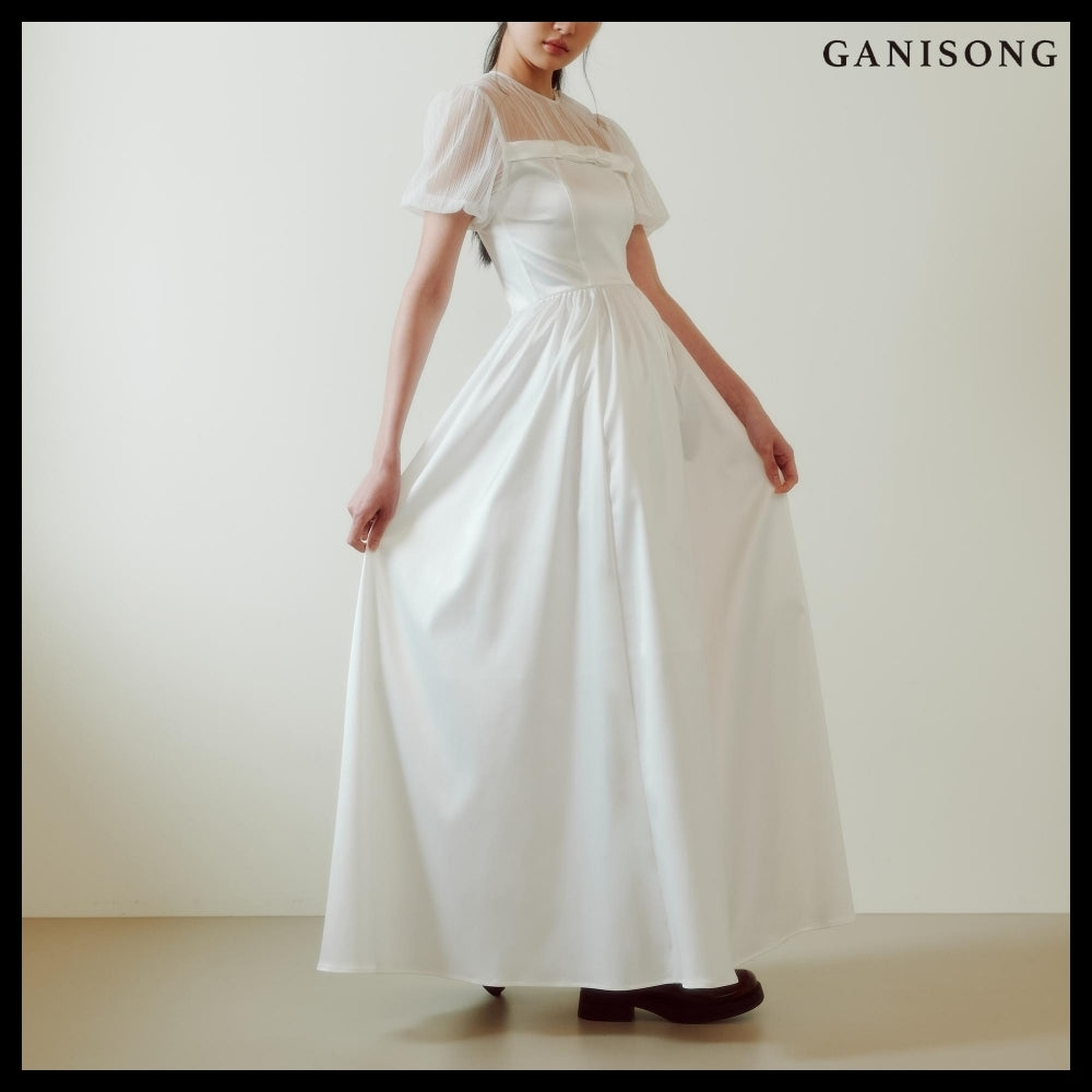 【GANISONG】Bridal Sheer Ribbon Line Dress White