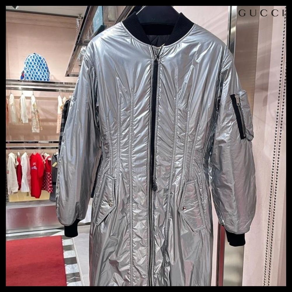 【GUCCI】Web Stripe Metallic Nylon Zip-Up Jacket Silver