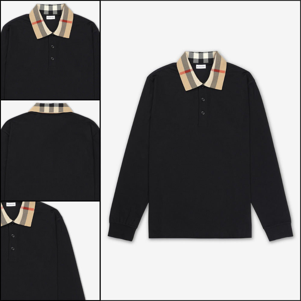 【Burberry】Check Collar Long Sleeve T Shirt Black
