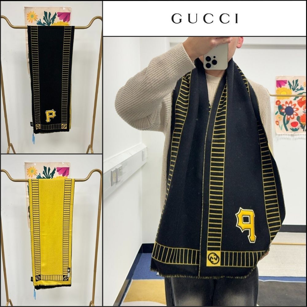 【GUCCI】X MLB Pittsburgh Embroidered Reversible Wool Scarf