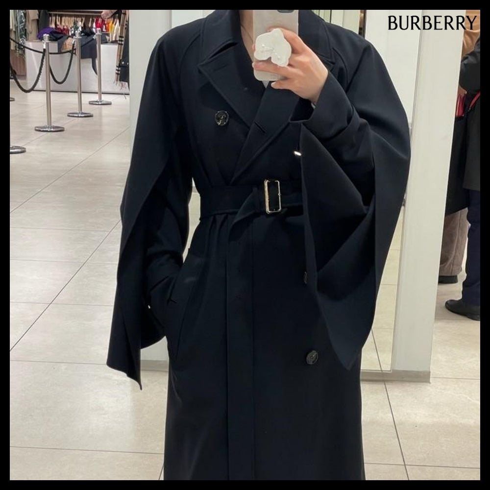 【Burberry】COTNESS Wool Blend Trench Coat Black