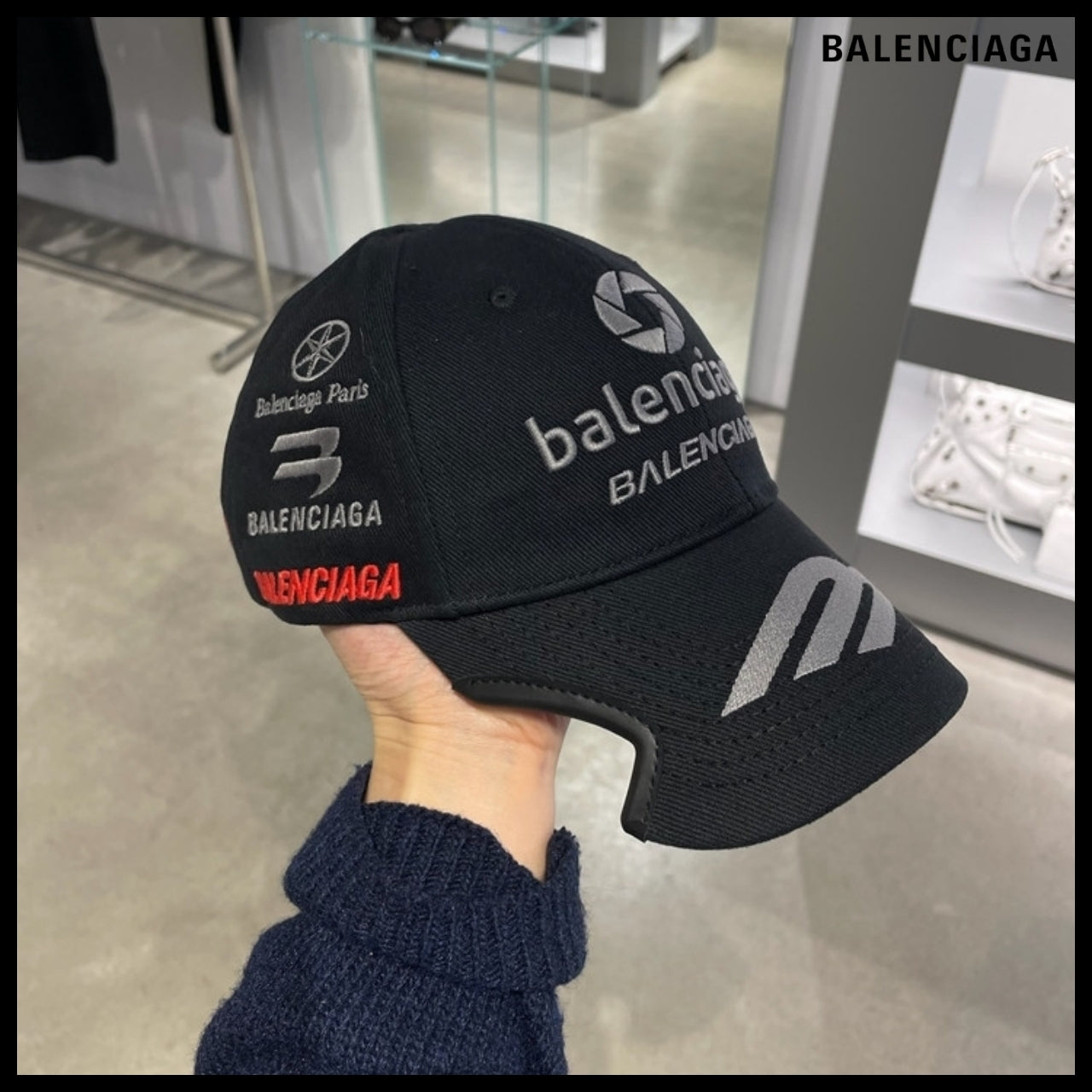 【BALENCIAGA】Racer Embroidered Drill Cotton Ball Cap Black