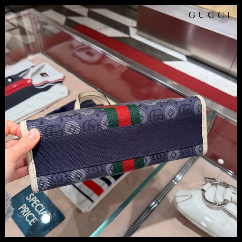 【GUCCI】GG Dot Jacquard Web Stripe Denim Tote Bag Blue