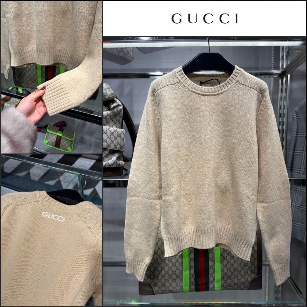 【GUCCI】Back Logo Embroidered Wool Crewneck Knit Butter