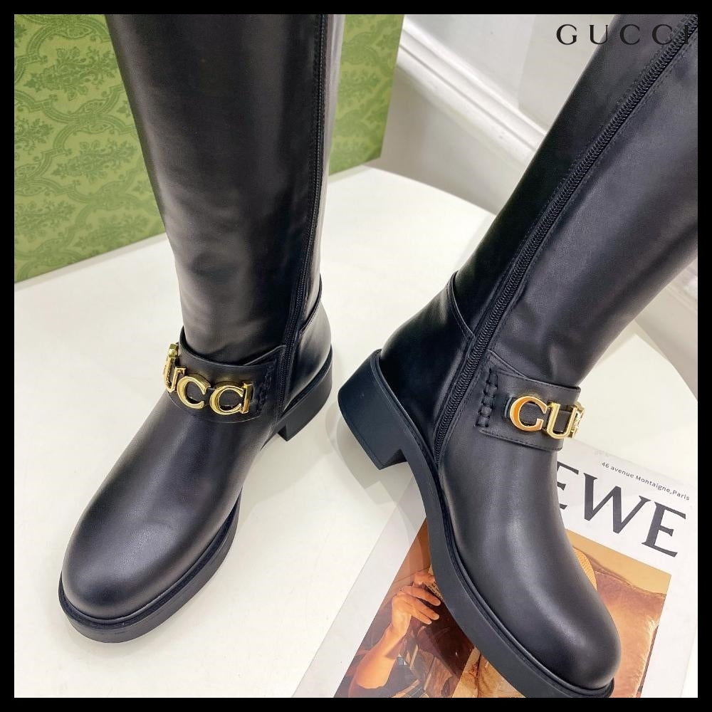 【GUCCI】Metal Logo Leather Zip Women's Long Boots Black