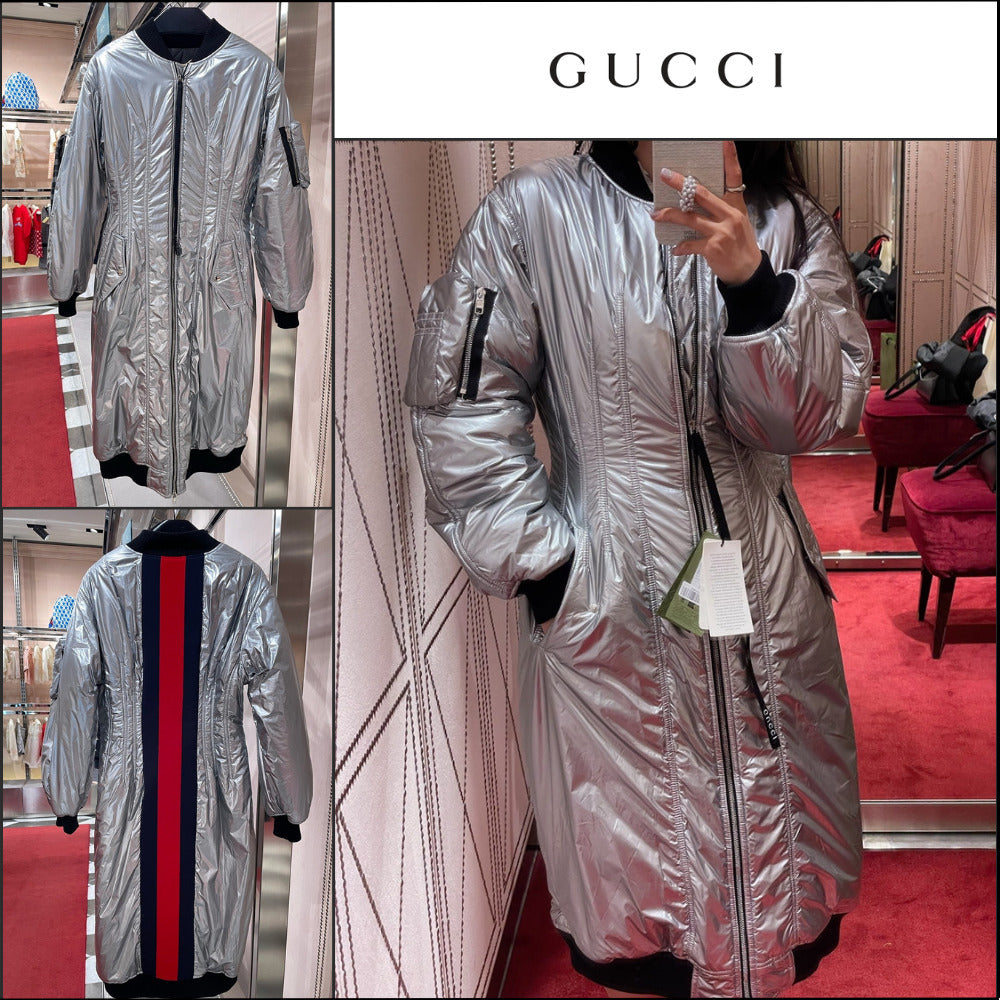【GUCCI】Web Stripe Metallic Nylon Zip-Up Jacket Silver