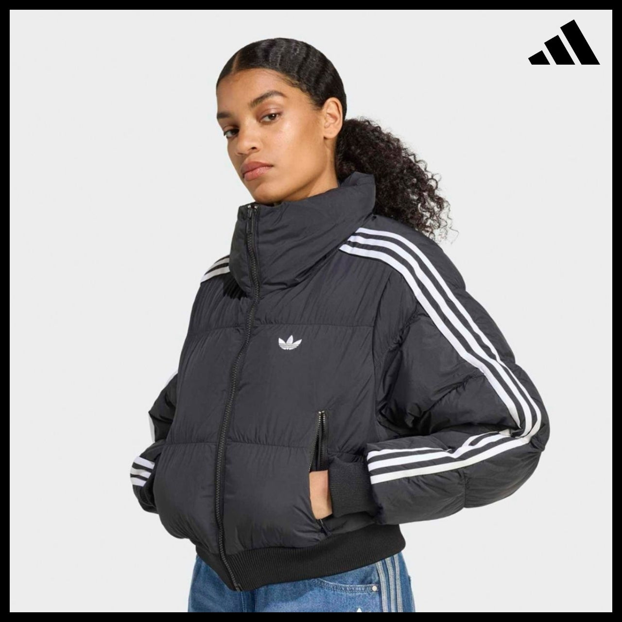 【ADIDAS】Crop Black Synthetic Down Puffer Jacket