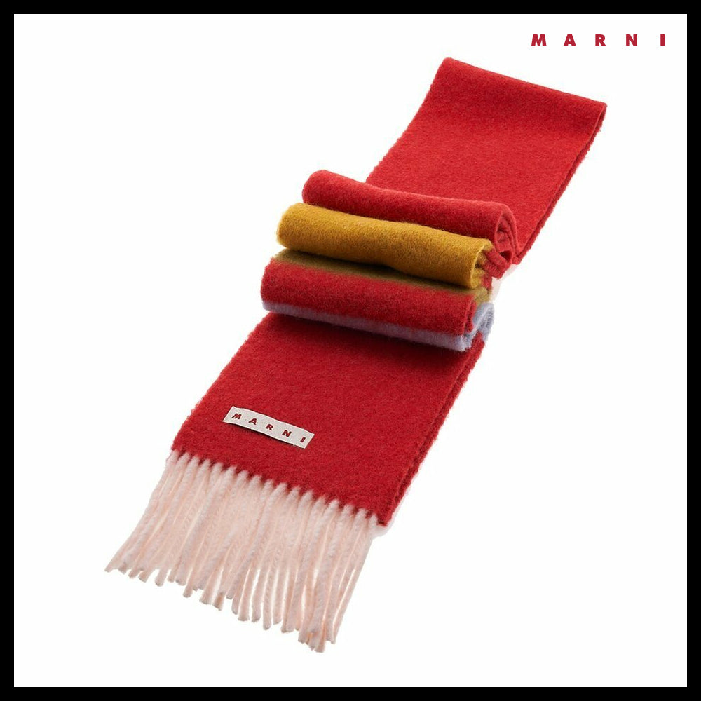 【MARNI】Color Block Long Wool-Alpaca Blend Fringe Muffler