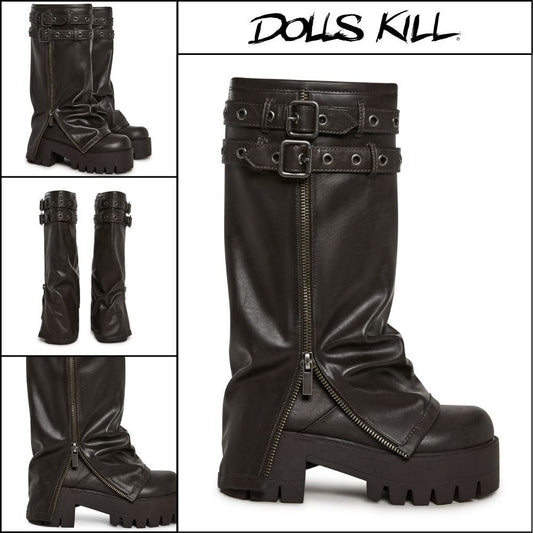 ◆DOLLS KILL◆DARKER WAVS Warp Knee High Pant Boots Brown