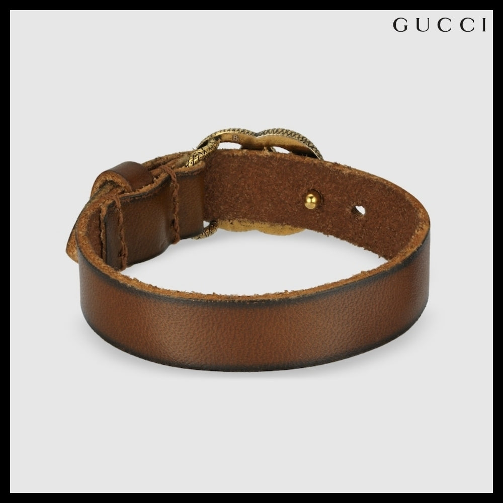 【GUCCI】GGゴールド メタル バックル レザー ブレスレットBROWN