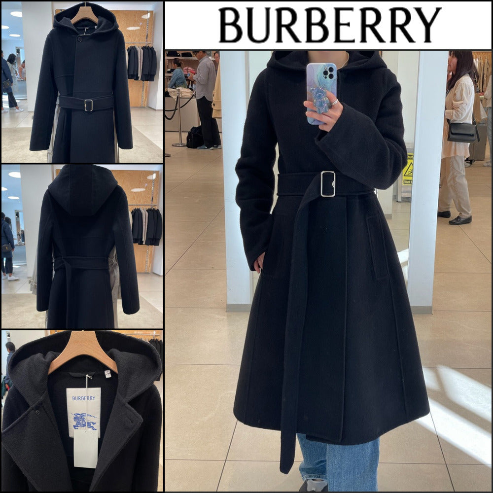 【Burberry】Women's Belted Wool Cashmere Hooded Coat Black
