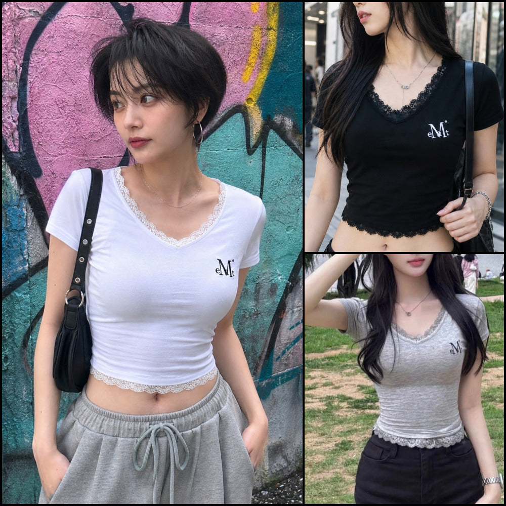 【MUCENT】Sunnier Lace V-Neck Short Sleeve Tee (3 Colors)