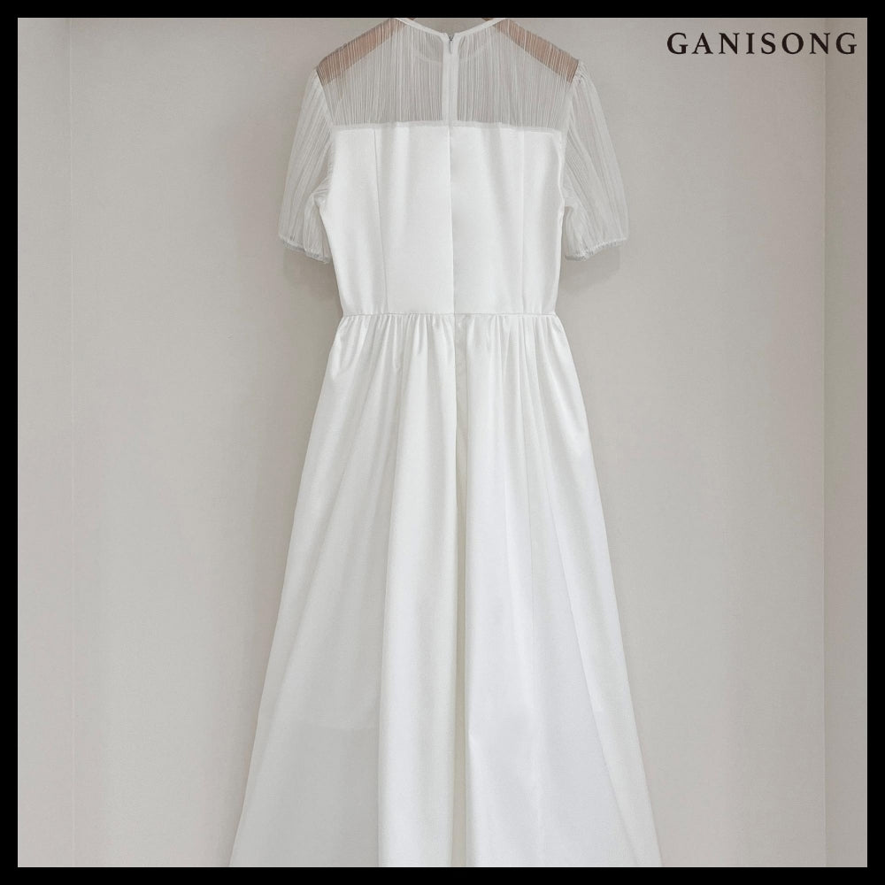 【GANISONG】Bridal Sheer Ribbon Line Dress White