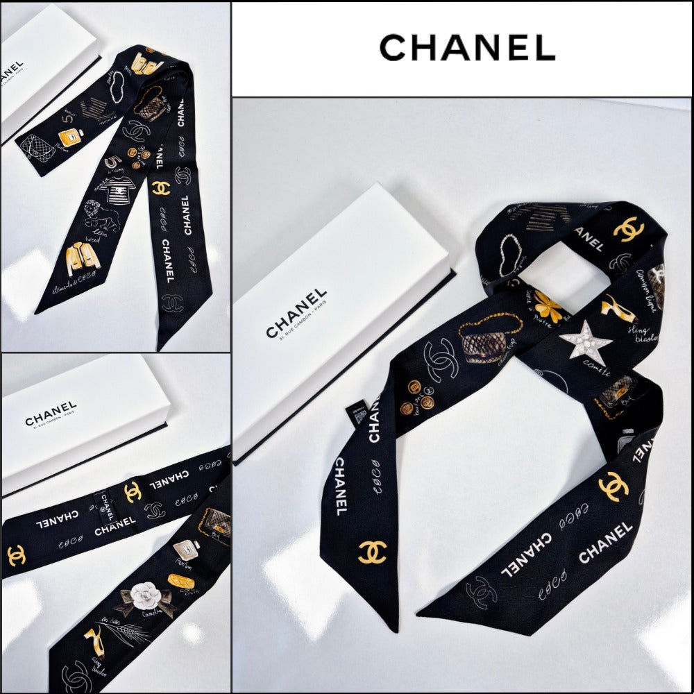 【CHANEL】24P CC Logo Signature Printed Silk Twilly Bandeau