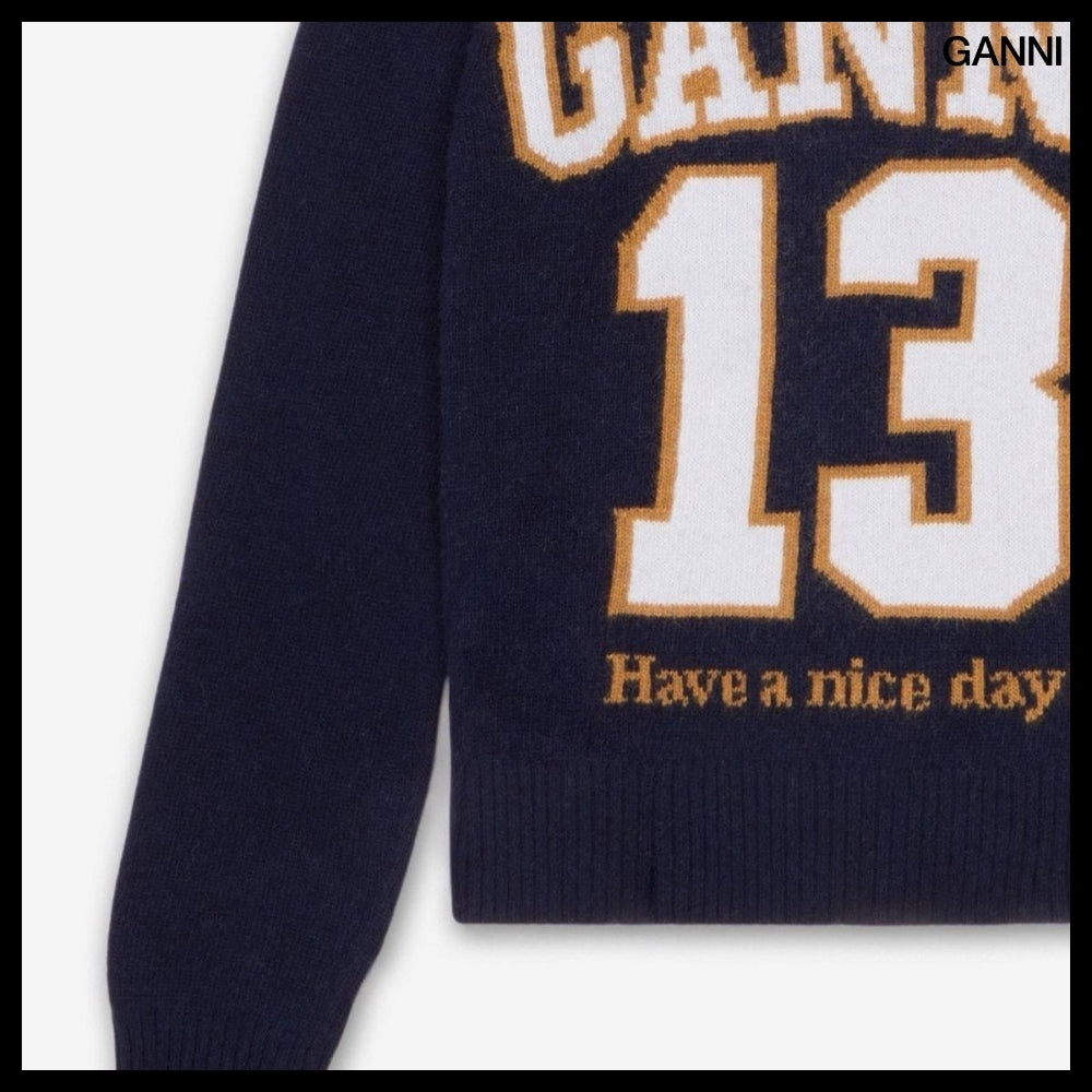 【Ganni】Graphic Wool Mix Baseball Knit - Sky Captain