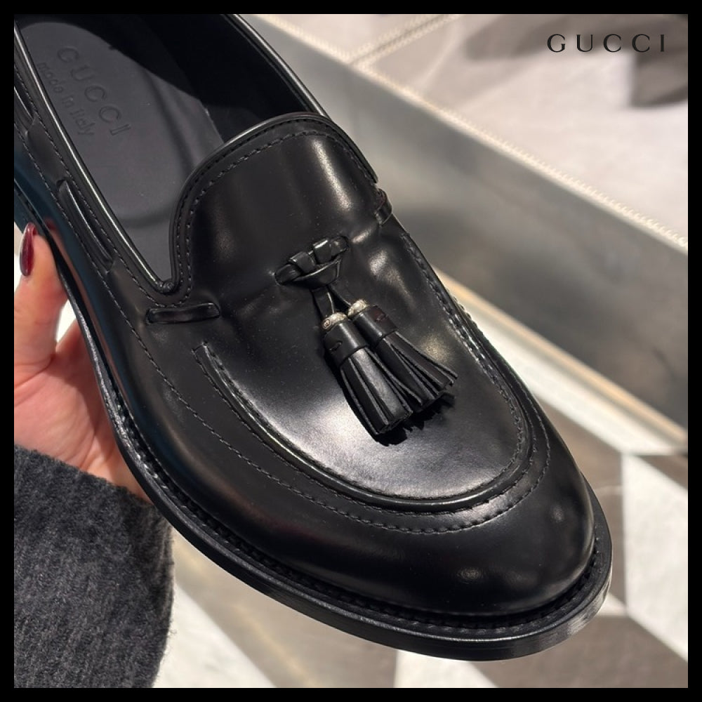 【GUCCI】Tassel Smooth Leather Nubuck Men’s Loafers Black