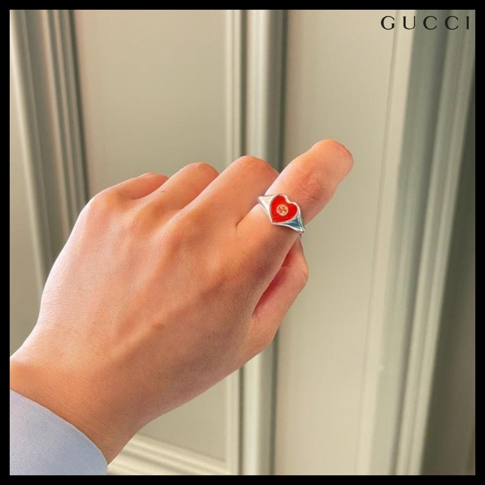 【GUCCI】Interlocking G Enamel Heart Ring Silver Red