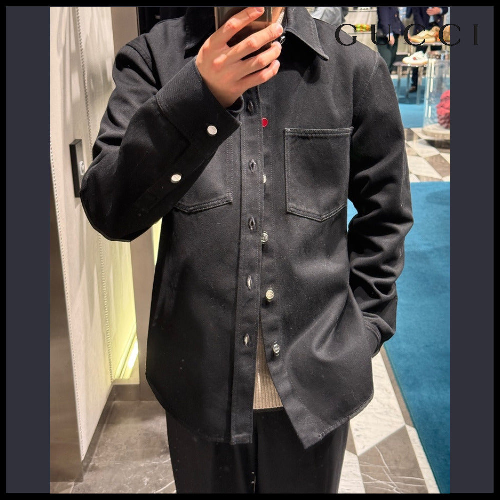 【GUCCI】Back Cubic Logo Cotton Collar Denim Jacket Black