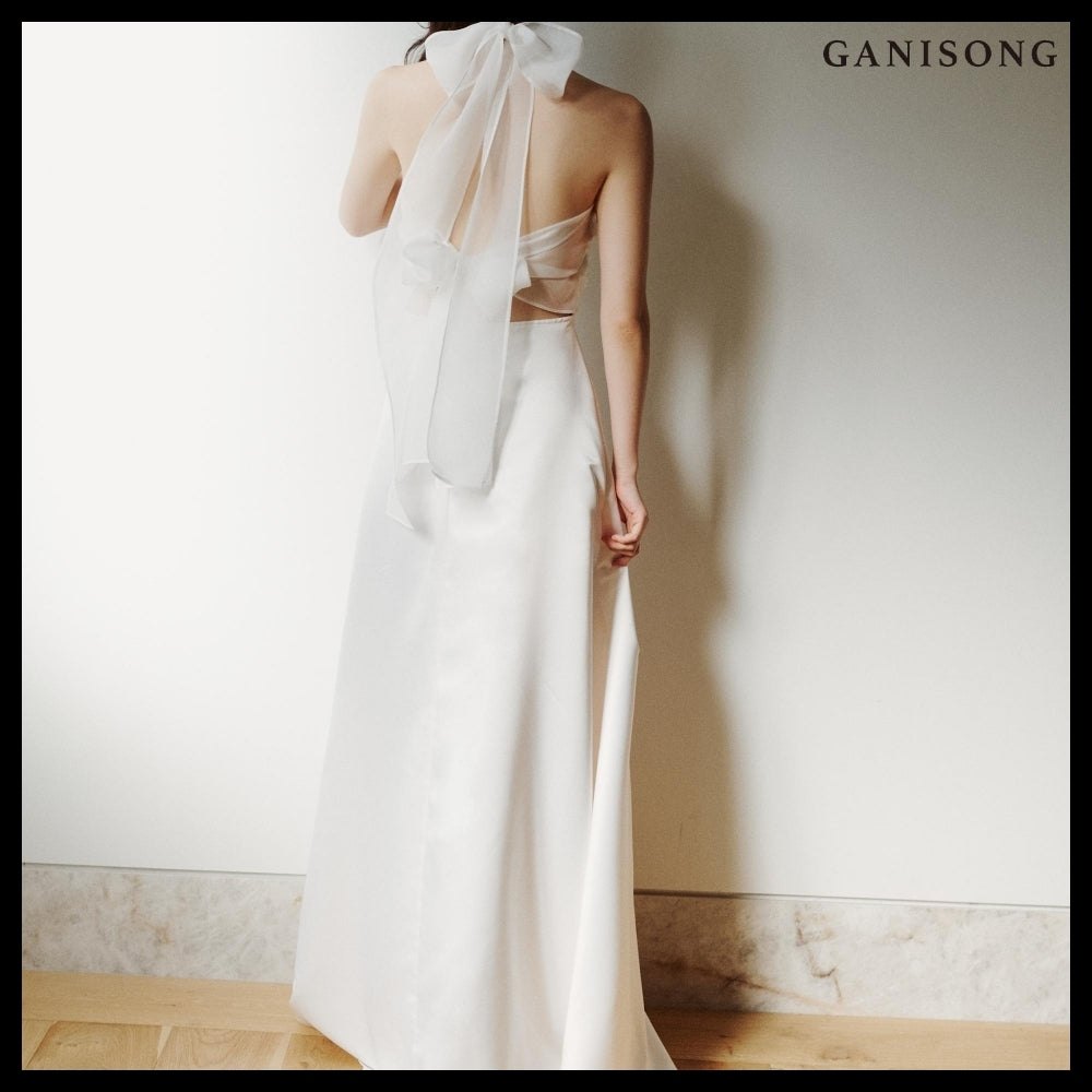 【GANISONG】Bridal Fluffy Rose Halterneck Dress White