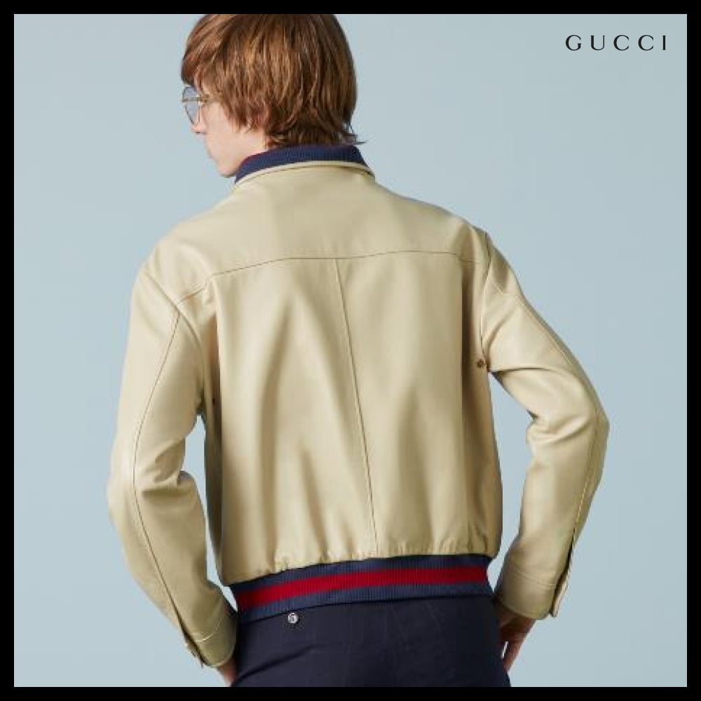 【GUCCI】Leather Bomber Jacket Beige