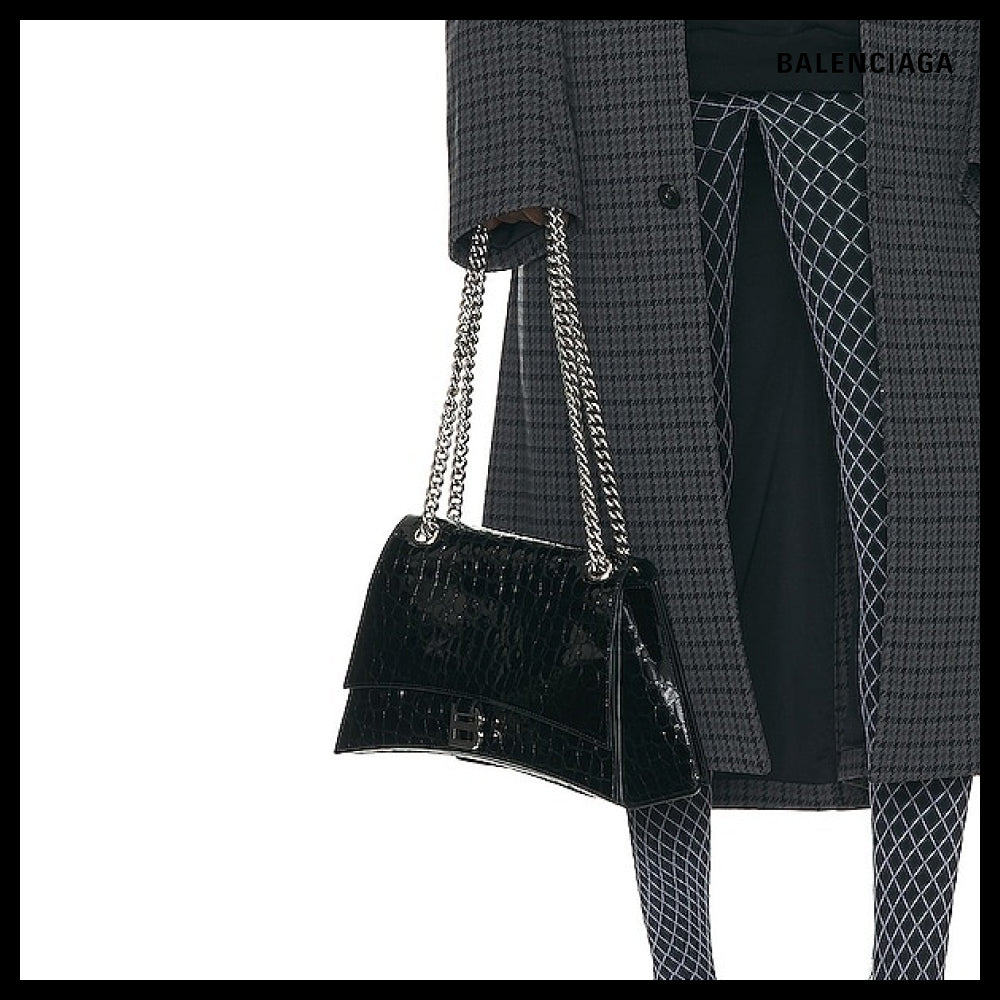 【BALENCIAGA】Crush Large Chain Bag Crocodile Embossed Black