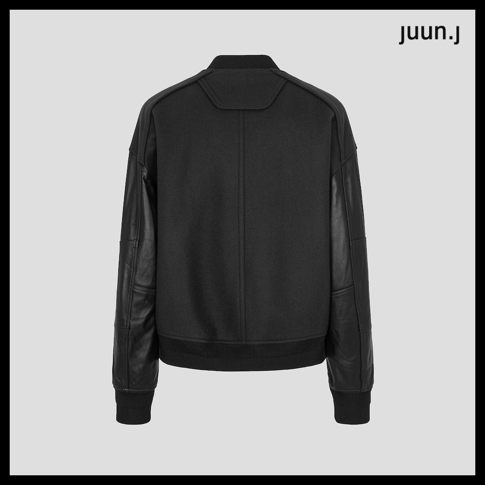 【JUUN.J】Leather Sleeve Varsity Jumper Gray