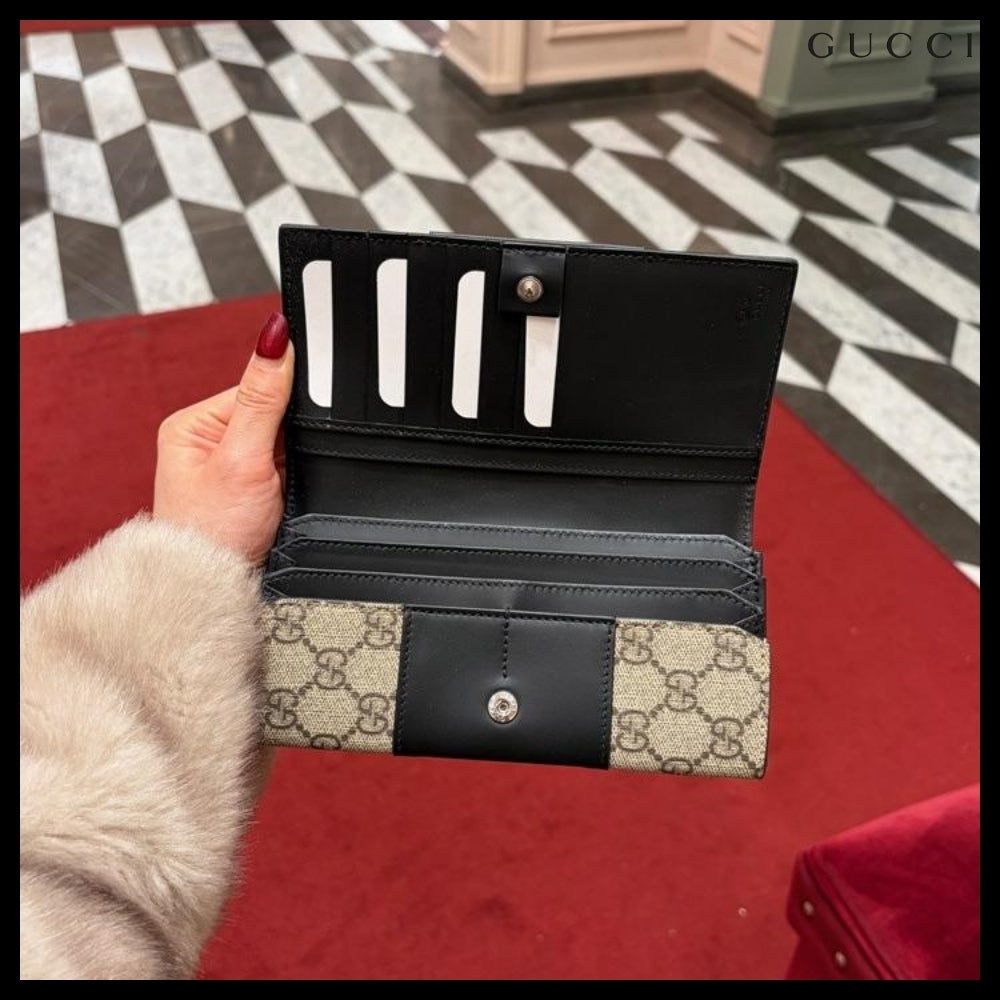 【GUCCI】Supreme Canvas Leather Flap Long Wallet BEIGE BLACK