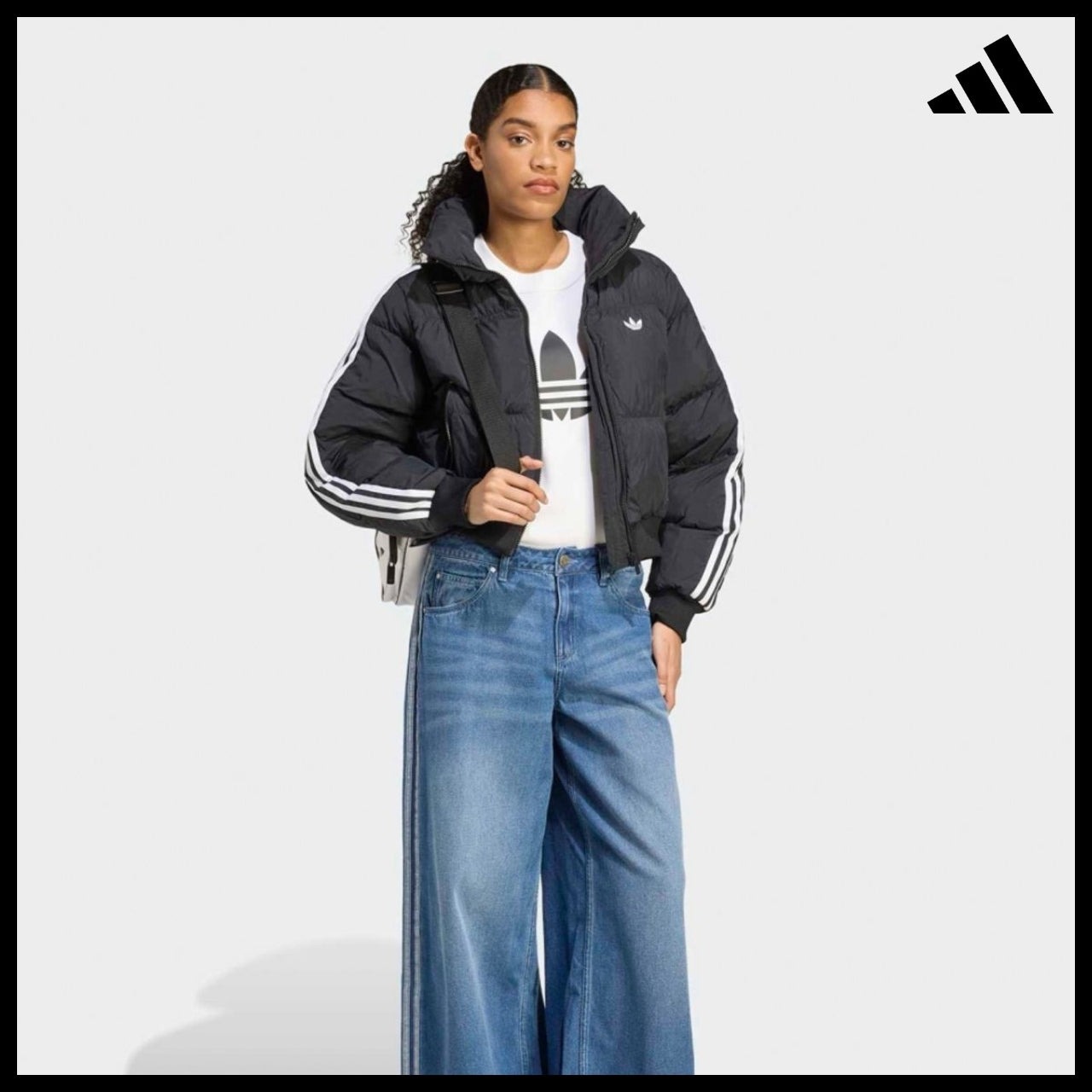 【ADIDAS】Crop Black Synthetic Down Puffer Jacket