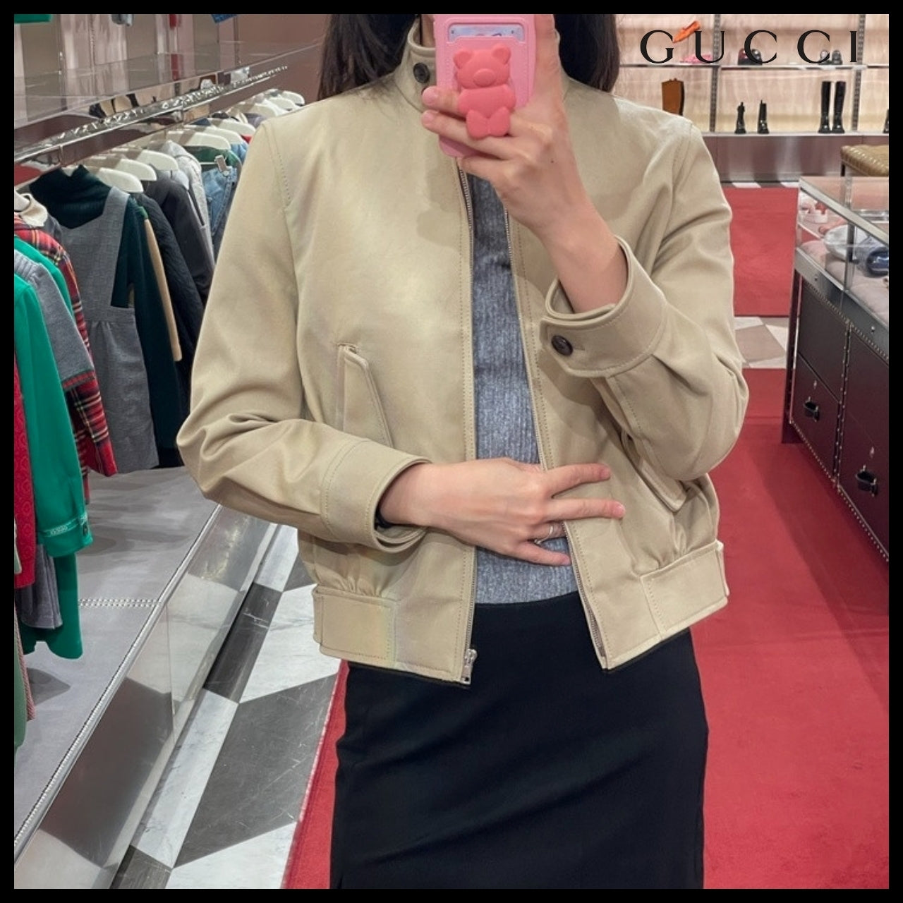 【GUCCI】Logo Cotton Drill Bomber Jacket Cold Beige