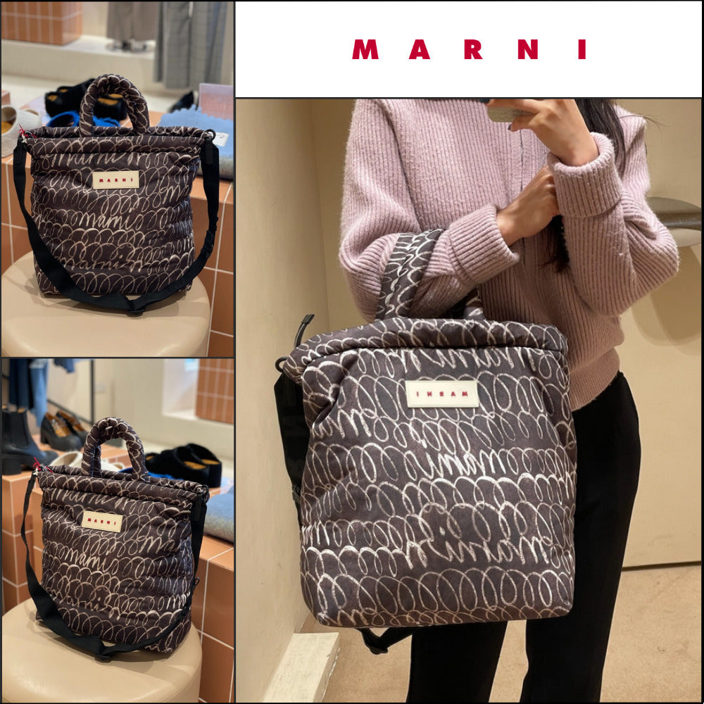 【MARNI】Logo-Patch Scribble-Print Puffer Tote Bag Charcoal